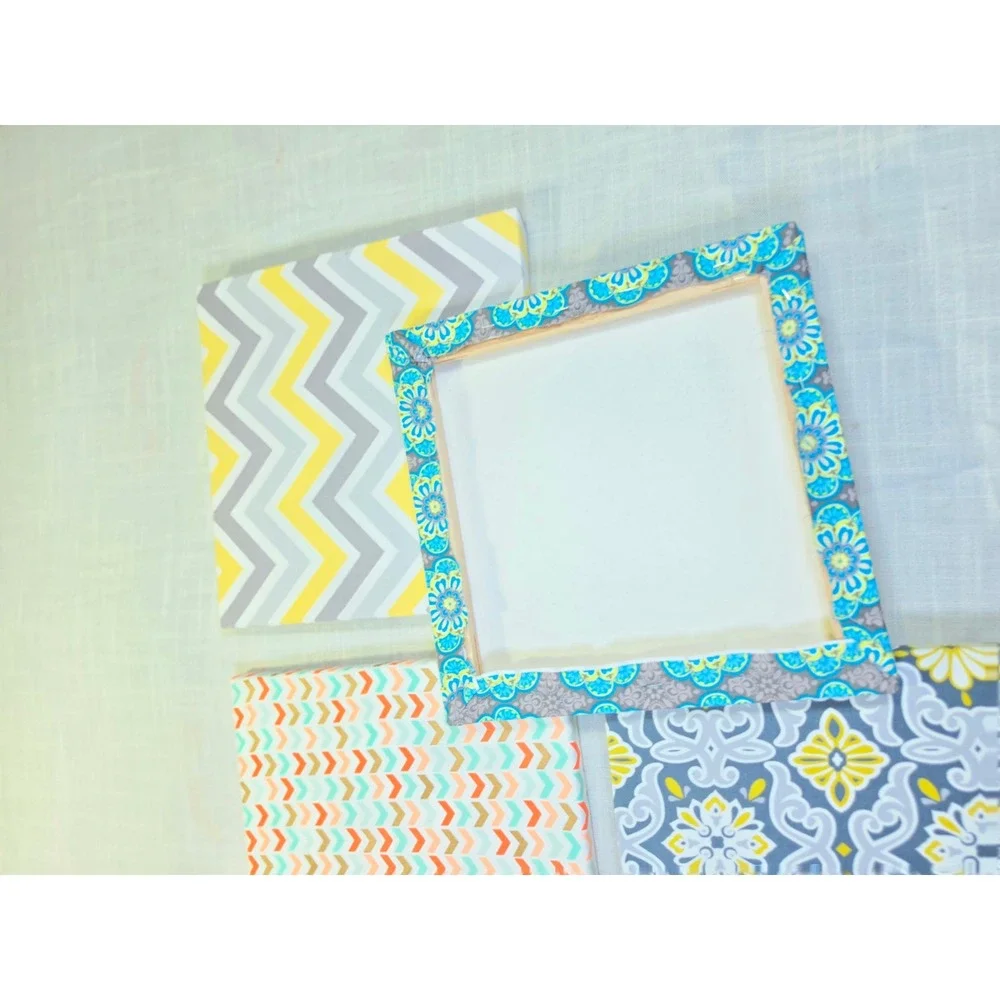Set of 4 Canvas Wall Art 12x12 Yellow Grey Teal Chevron Floral Geometric Prints